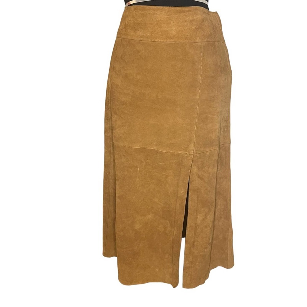 Suede Midi Skirt with Front Slit - Tan